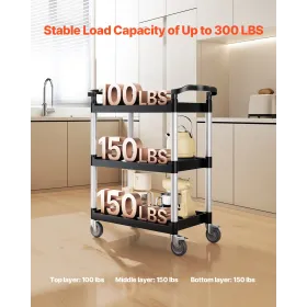 Heavy Duty Utility Cart 300 lbs kapacitet 3-lags servicevogn med hjul