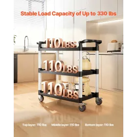 Heavy Duty Utility Cart 500 lbs Capacity 3-tier Service Cart with Wheels