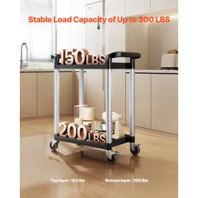 Heavy Duty Utility Cart 300 lbs Capacity 2-tier Service Cart with Wheels