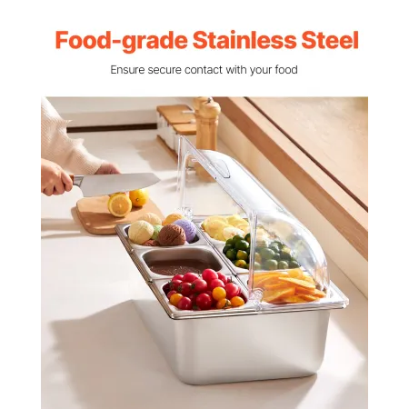 Countertop Food Serving Display Container, 6 Pan Stainless Steel Food Serving Tray, Buffet Condiment Dispenser Display Rack with
