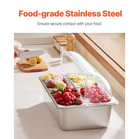 Countertop Food Serving Display Container, 4 Pan Stainless Steel Food Serving Tray, Buffet Condiment Dispenser Display Rack with