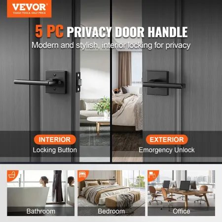 Privacy Door Handle, 5-Pack Matte Black Door Lever, Right or Left Handing Reversible Lever with Keyless Lock, 45° Rotation to Op