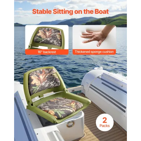 Boat Seat, Low Backrest, Folding Fishing Boat Seat with Thickened Sponge Cushion & PU Polyester Fabric, Strong PP Frame, Flip Up