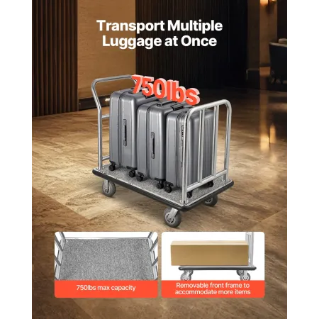 Hotel Luggage Cart, 750 LBS Load Capacity, Deluxe Platform Truck with Removable Front Frame, Valet Cart with Grey Carpeted Deck 