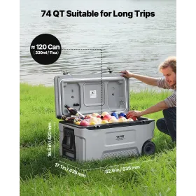 Portable Cooler 74 QT Wheeled Cooler 120 Can Capacity with Cup Holder