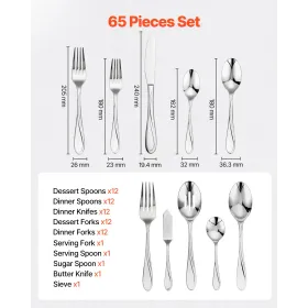 65-Piece Silverware Set Stainless Steel Cutlery Flatware Utensils for 12