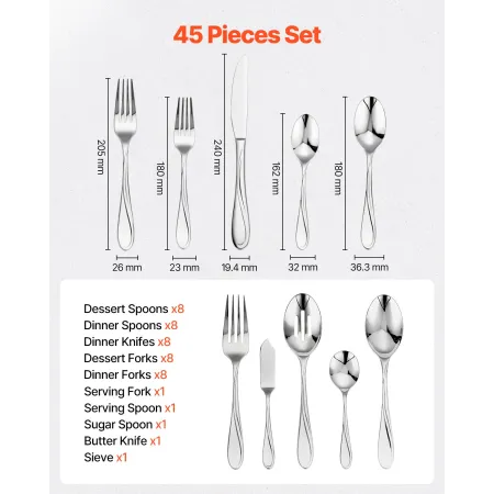 45-Piece Silverware Set, Food-Grade Stainless Steel Flatware Utensils, Mirror Finished Cutlery Set, Dishwasher Safe Eating Table