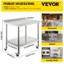 Prep -bord i rustfrit stål, 36 x 24 x 35 tommer, 440 lb