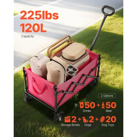 Collapsible Wagon Carts, 120L & 225LBS Folding Wagons with All-Terrain Wheels, Heavy Duty Outdoor Utility Cart with Adjustable H