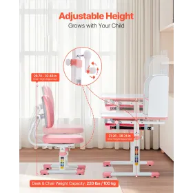 Kids Study Chair and Desk with Bookshelf & Drawer Height Adjustable Pink