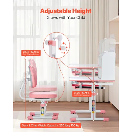 Kids Study Chair and Desk Set, Study Desk and Chair for Kids with Bookshelf & Storage Drawer, Adjustable Height & 0-40° Tilted D