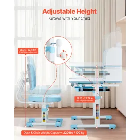 Kids Study Chair and Desk with Bookshelf & Drawer Height Adjustable Blue