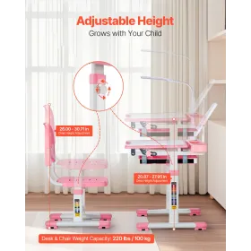 Kids Chair and Desk Set Table Lamp Adjustable Height & Tilted Desktop Pink