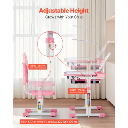 Kids Study Chair and Desk Set, Study Desk and Chair for Kids with Table Lamp, Adjustable Height & 0-40° Tilted Desktop Kids Desk
