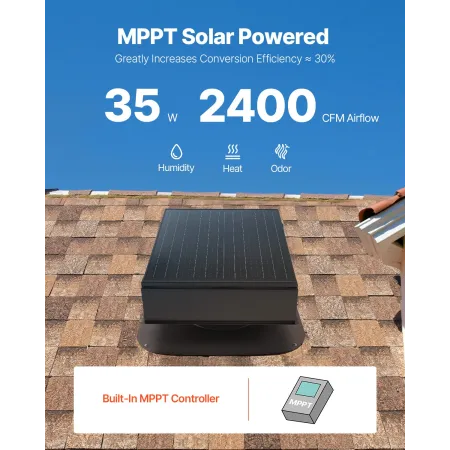 Roof Attic Exhaust Fan, 35W Smart Solar Roof Ventilation Fan Auto Temperature Control, 2400 CFM Airflow Built-in Brushless DC Mo