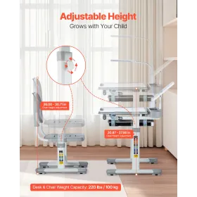 Kids Chair and Desk Set Table Lamp Adjustable Height & Tilted Desktop Grey