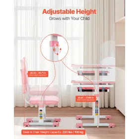 Børns studiestol og skrivebord med boghylde og skuffe justerbar højde lyserød