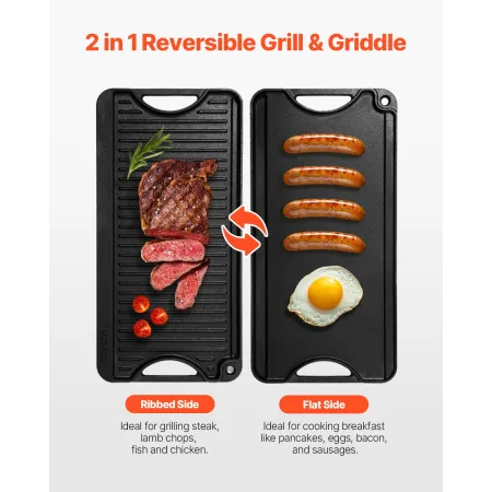 Reversible Grill/Griddle, 20x10 inch Pre-Seasoned Cast Iron Griddle, Portable Rectangular Pan with Handle, Family Cookware for I