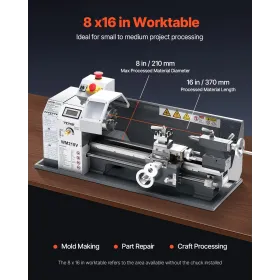 Metal Lathe 8 x 16 in 550W Benchtop Lathe Machine 0-2500RPM Variable Speed