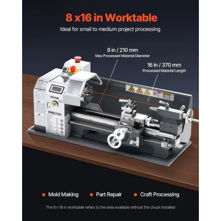 Metal Lathe, 203 x 406 mm(8 x 16 in), 550W Benchtop Lathe Machine, 0-2500 RPM Variable Speed, with 0.0076 mm(0.0003 in) Spindle 