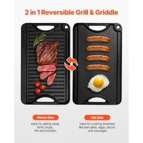 14x8.5 in Reversible Grill Griddle Pre-Seasoned BBQ Pan Cast Iron Black