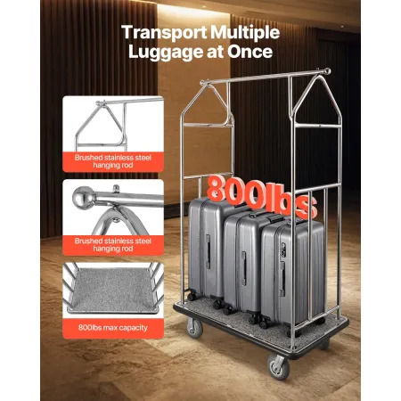 Hotel Luggage Cart, 800 LBS Load Capacity, Brushed Stainless Steel Finish Bellman's Cart, Valet Cart with Grey Carpeted Deck and