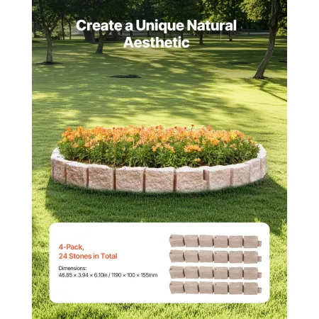 Faux Stone Landscape Edging, 46.8 x 3.9 in Realistic Lawn Edging, Flexible Brick-Sized Garden Edging Border with Anchoring Spike