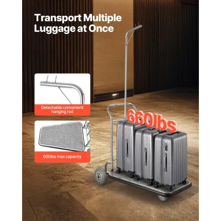 Luggage Cart, 600 LBS Load Capacity, 3 Wheel Stainless Steel Bellman Cart, Valet Cart with Grey Carpeted Deck and Rubber Wheels,