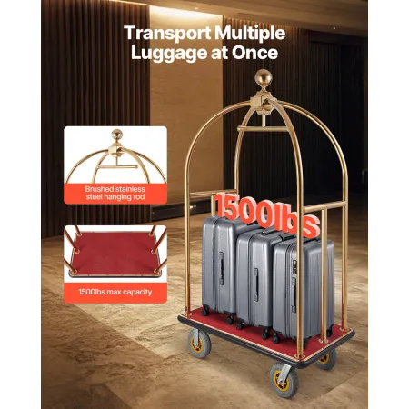 Hotelbagagevogn 1500 lbs rustfrit stål Bellmans vogn buede