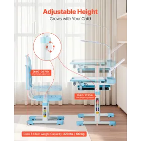 Kids Chair and Desk Set Table Lamp Adjustable Height & Tilted Desktop Blue