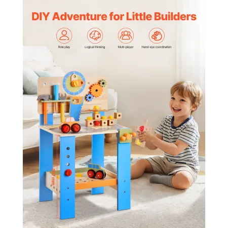 Kids Workbench, 62 pcs, Wooden Tool Bench for Kids 3 Years and Up, Toddler Toy Workbench with Realistic Tools, Building Toy Set 