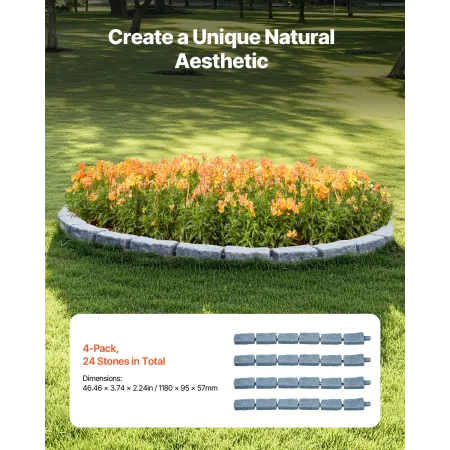 Faux Stone Landscape Edging, 46.4 x 2.2 in Realistic Lawn Edging, Flexible Brick-Sized Garden Edging Border with Anchoring Spike