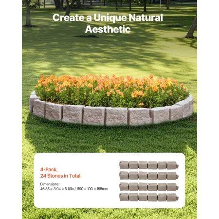 Faux Stone Landscape Edging 46.8 x 3.9 in Realistic Lawn Edging, Flexible Brick-Sized Garden Edging Border with Anchoring Spikes