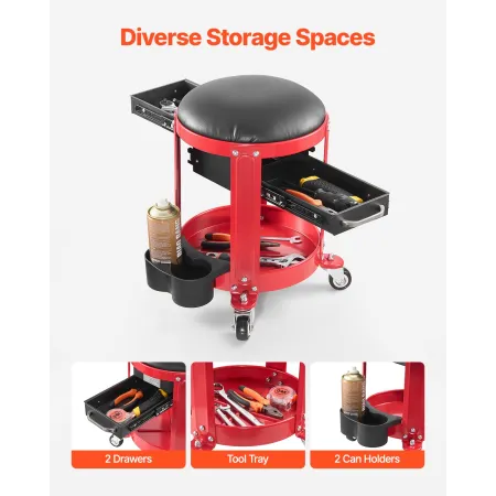 Rolling Mechanic Stool with Wheels, 300 lbs Capacity Garage Seat/Work Stool, Padded Roller Creeper Seat with Fixed Height, Tool 