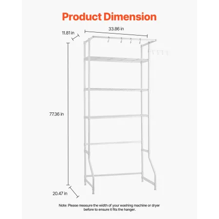 Over Washer and Dryer Storage Shelf, 3 Tiers Laundry Room Drying Rack with Hanger Rod and Hooks, Single Row Adjustable Washer Sh