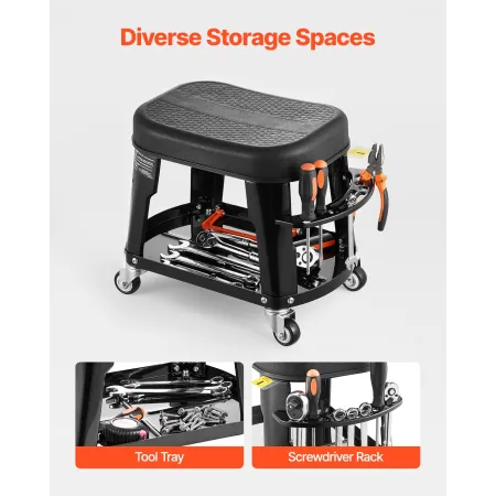 Mechanic Stool, 300 lbs Capacity Garage Seat/Work Stool with Wheels, 360° Swivel Rolling Workshop Stool with Tool Tray and Screw