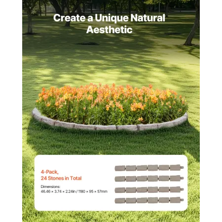 Faux Stone Landscape Edging, 46.4 x 2.2 in Realistic Lawn Edging, Flexible Brick-Sized Garden Edging Border with Anchoring Spike
