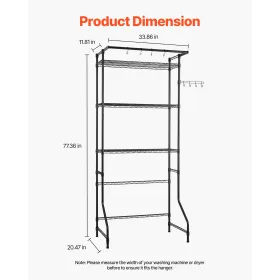 Over Washer and Dryer Storage Shelf Single Row 3 Tiers Washer Rack Black