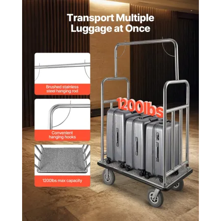 Hotel Luggage Cart, 1200 LBS Load Capacity, Brushed Stainless Steel Finish Bellman's Cart, Valet Cart with Grey Carpeted Deck an