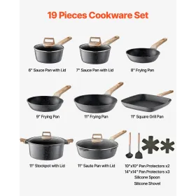 19 stykker gryder og pander sætter granit nonstick