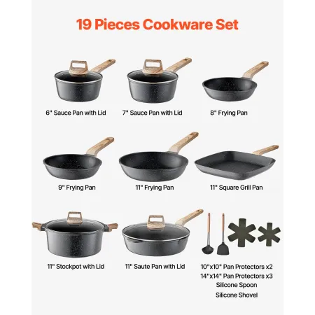 19 stykker gryder og pander sætter granit nonstick