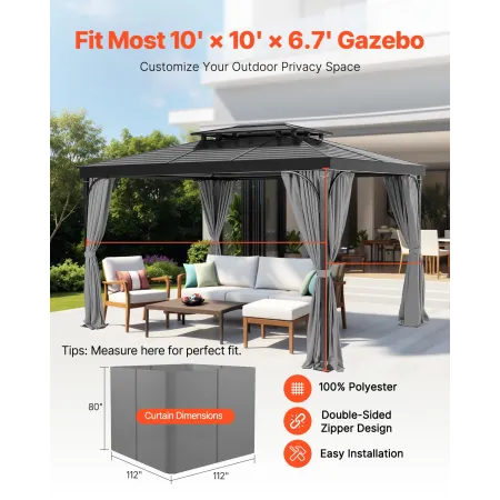 Gazebo Curtains Outdoor, Fit Most 10' x 10' x 6.7' Gazebos, 4-Panel Sidewall Gazebo Privacy Curtains with Zippers, 6.7' Tall Out