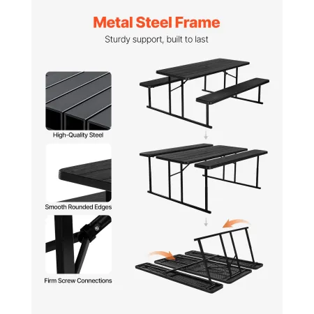  Foldable Picnic Table, 6 FT Folding Picnic Tables with Benches, Steel Outdoor Bench Set with Umbrella Hole, Large Outside 