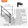 Outdoor Handrails for Steps, 4-5 Step Stair Rail Kit, Black Square Tube with Horizontal Bar, Carbon Steel Support Rails for Seni