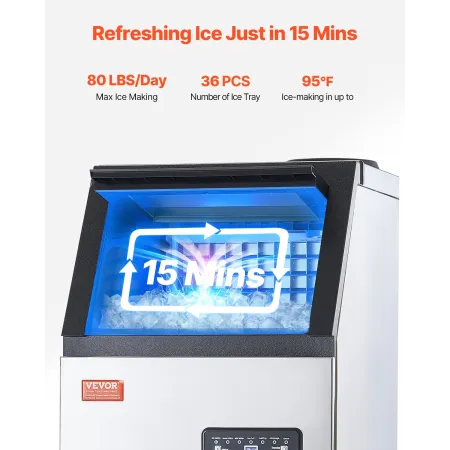 Commercial Ice Maker Machine, 80lbs/24H Ice Maker Machine with 28lbs Storage Capacity, 36 Ice Cubes in 15 Minutes, LED Digital D