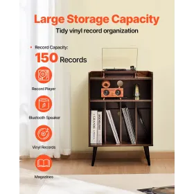 3-lags pladeafspiller med LED-lys & USB-porte træ vinylhylde brun