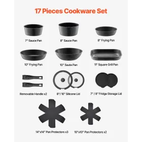 17 Piece Pots and Pans Set Granite Nonstick Kitchen Cookware Black