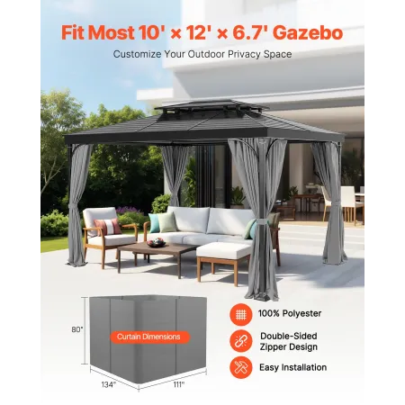 Gazebo Curtains Outdoor, 12' x 10' x 6.7' Gazebos, 4-Panel Sidewall Gazebo Privacy Curtains with Zippers, Outdoor Curtain Replac