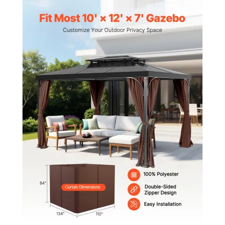 Gazebo Curtains Outdoor, 12' x 10' x 7' Gazebos, 4-Panel Sidewall Gazebo Privacy Curtains with Zippers, Outdoor Curtain Replacem