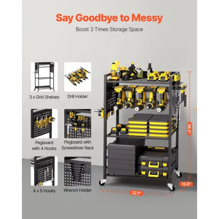 4-tier Tool Organizer Cart, 150 lbs Load Capacity, Floor Stand Rolling Drill Holder and Stability Storage Rack, Heavy Duty Garag